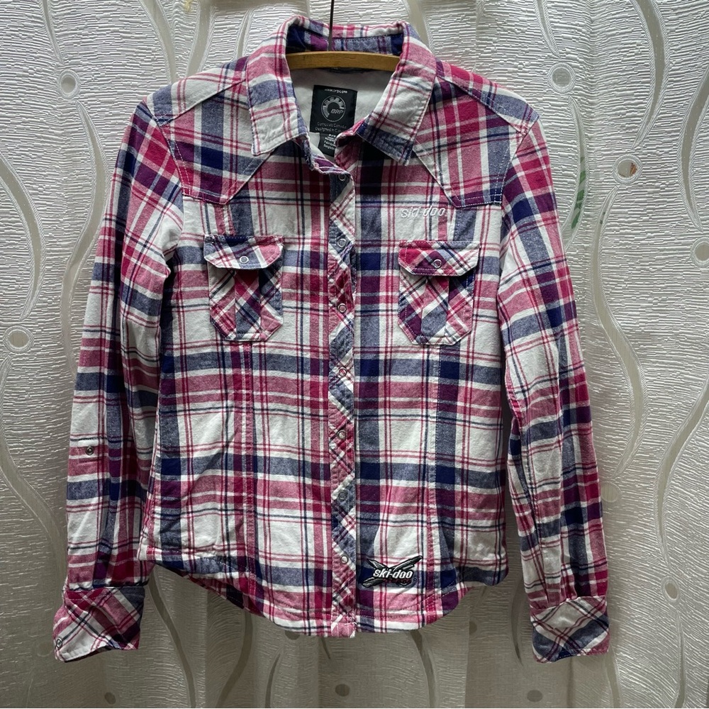 Ski-Doo Flannel Shirt Women Small Pink Plaid Fleece Lined Western Snap Excellent